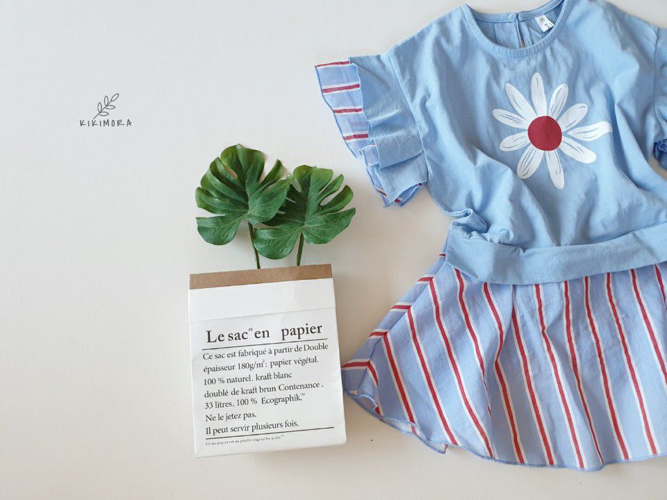 韓國 kikimora - 假兩件條紋花朵洋裝-藍