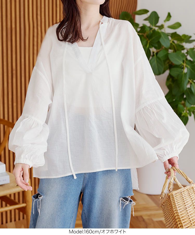 日本 Kobe Lettuce - 微透感文藝綁帶泡泡袖上衣-米白