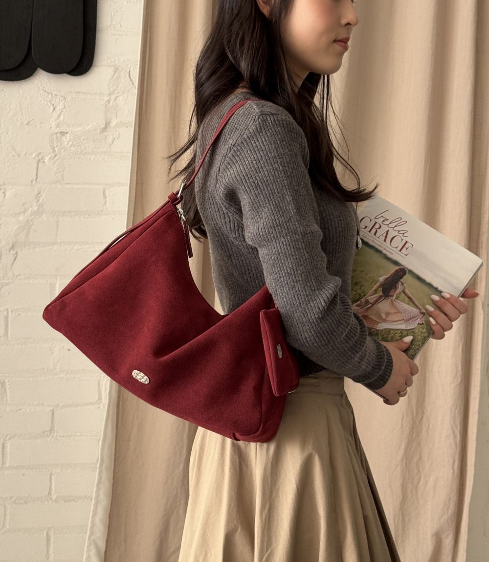 小眾設計 (附小拉鍊包)100%高級牛皮輕量耐裝肩背包-酒紅