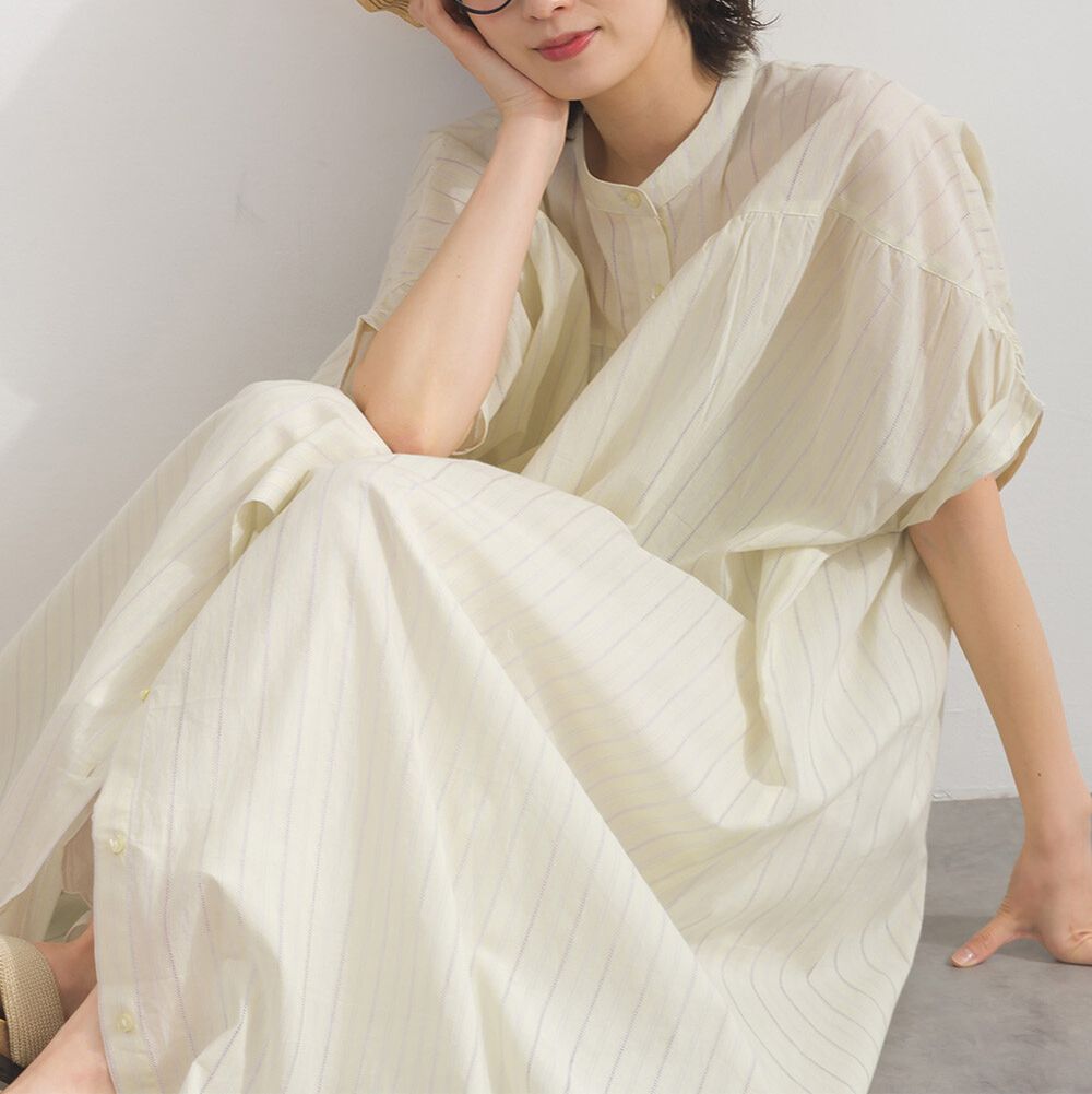 印度棉 唯美線條緹花開襟短袖洋裝-淺米黃