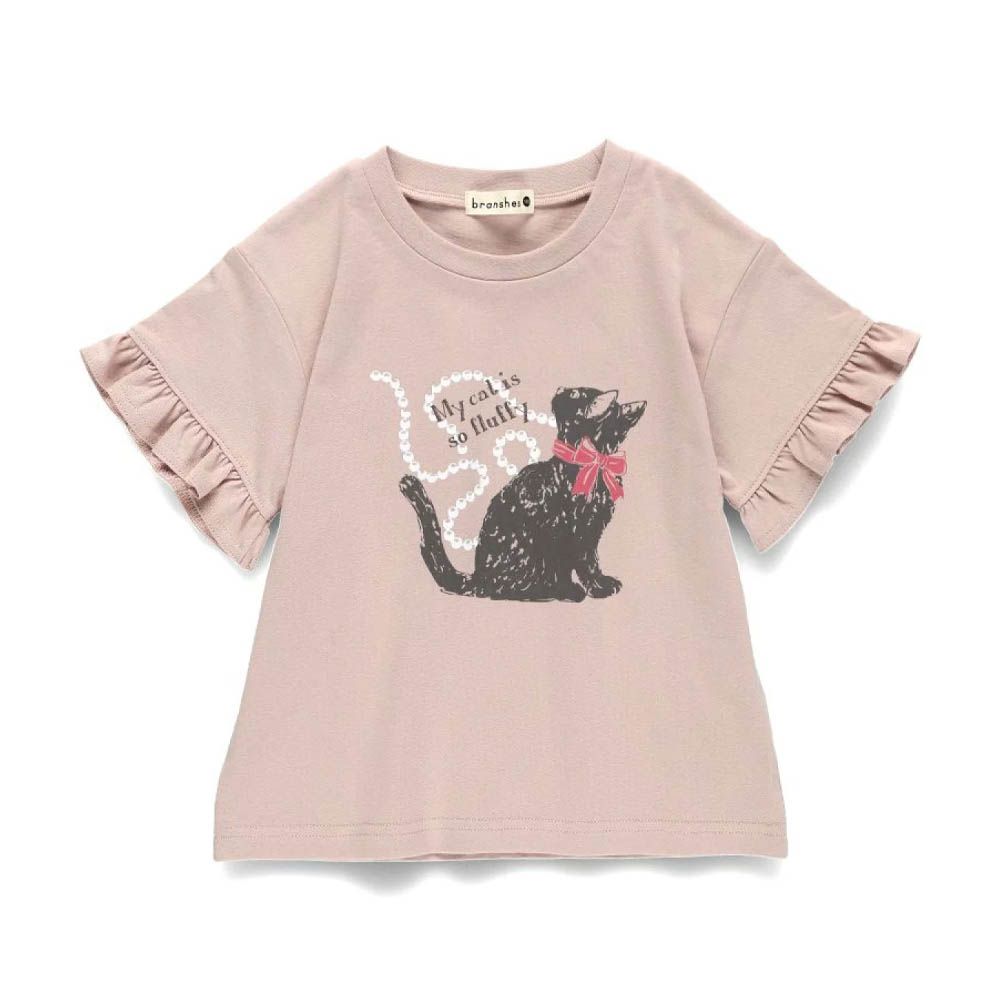 純棉荷葉袖女孩印花短袖上衣-貓咪-粉紅