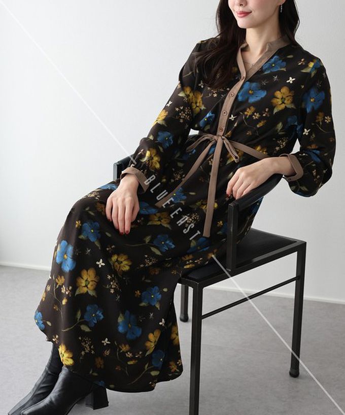 日本 BLUE EAST - 迷人亮眼花朵腰綁帶長袖洋裝-咖啡 (M)