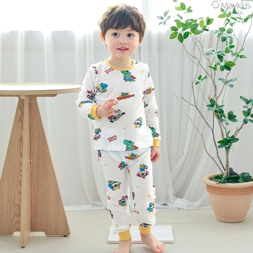 透氣條紋提花棉長袖家居服-動物蒙面英雄-白X橘黃