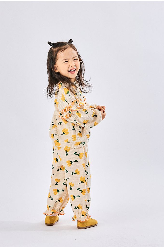 韓國 OZKIZ - 鬱金香鬆餅格紋長袖縮口套裝-紅花