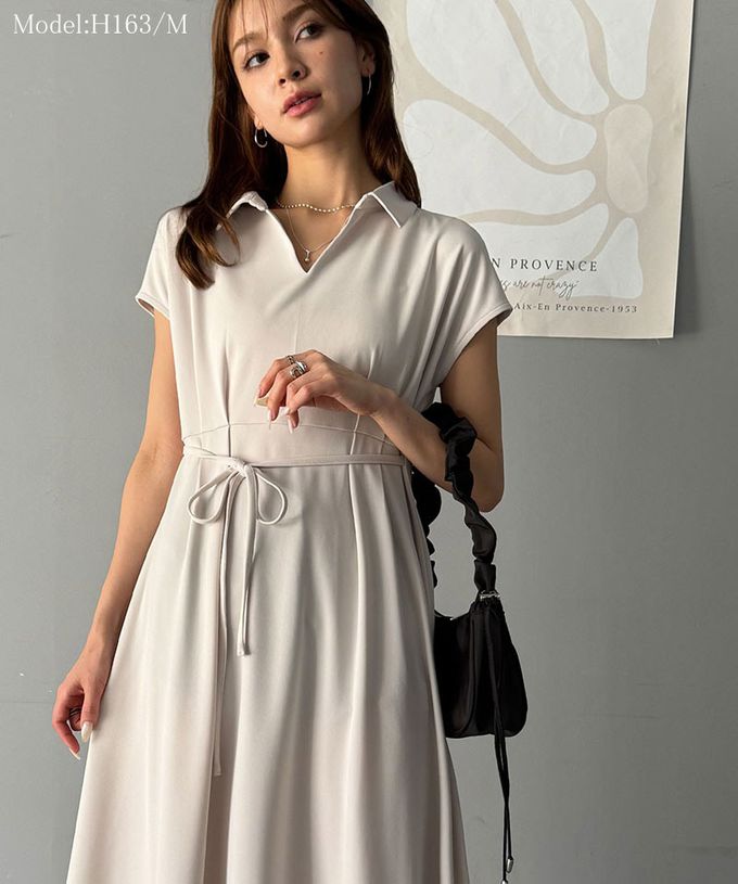 日本 Classical Elf - 接觸冷感 優美V領腰綁帶短袖洋裝-短版-象牙白
