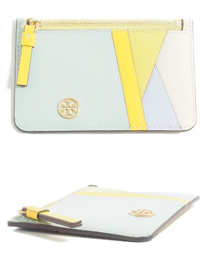 TORY BURCH - 撞色皮革拉鍊短夾 (綠藍黃)