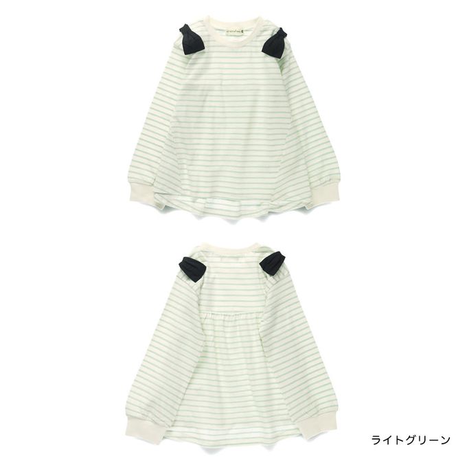 日本 BRANSHES - 可愛肩帶造型舒適長袖上衣-黑蝴蝶結-黑白條紋