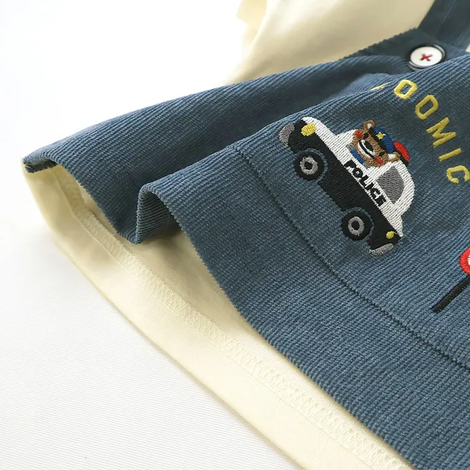 日本 ZOOLAND - 熊熊救援隊 燈芯絨吊帶拼接長袖上衣-警車-黑X軍綠