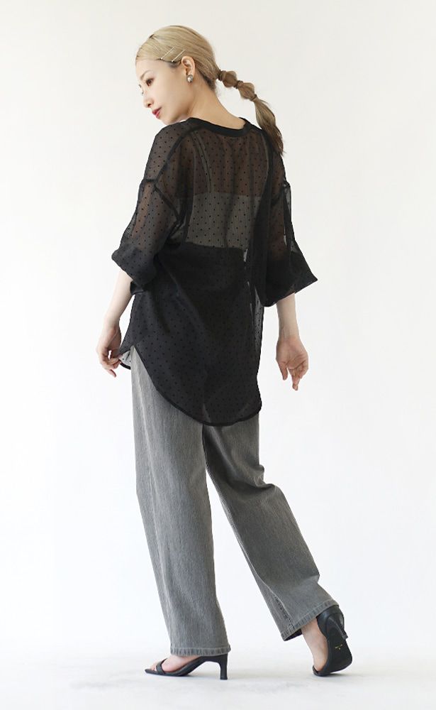 日本 zootie - 復古點點透視感長袖襯衫-米杏