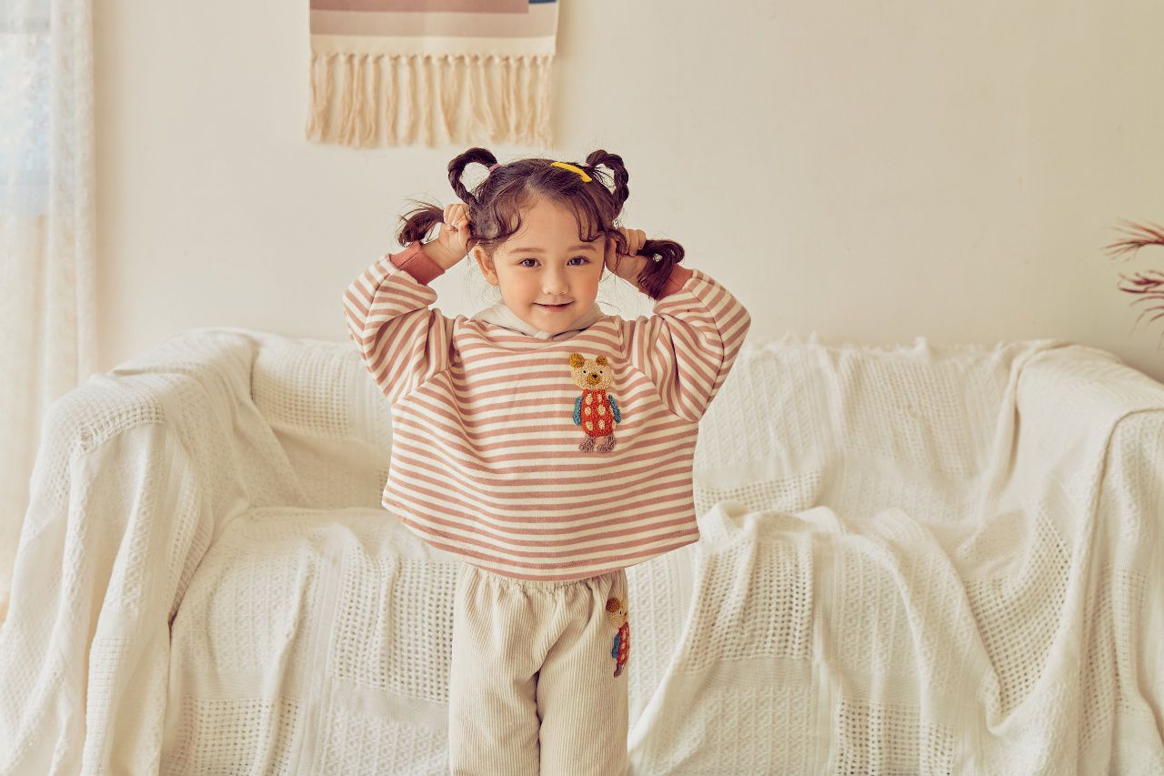 韓國 Mimico - (裏起毛)立體熊熊條紋連帽T-暗粉