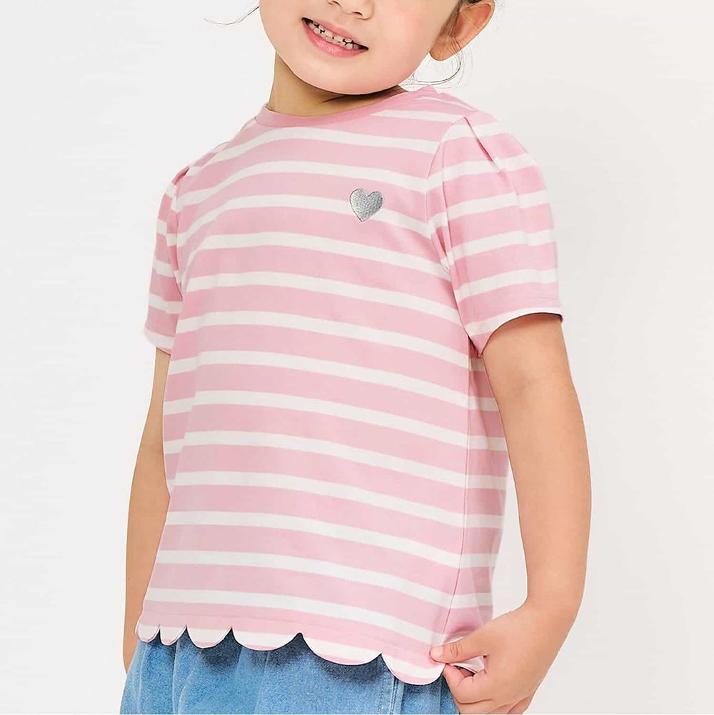 接觸涼感 貝殼下擺短袖上衣-條紋-粉紅