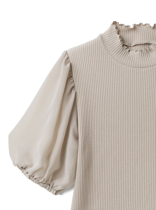 日本 GRL - 異材質拼接薄紗短袖上衣-灰杏