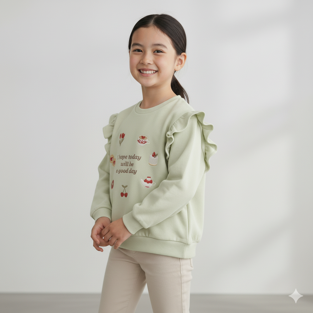 長袖休閒上衣-荷葉邊袖 刺繡-綠色