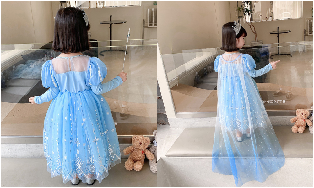 閃亮冰雪女王長袖洋裝-藍色