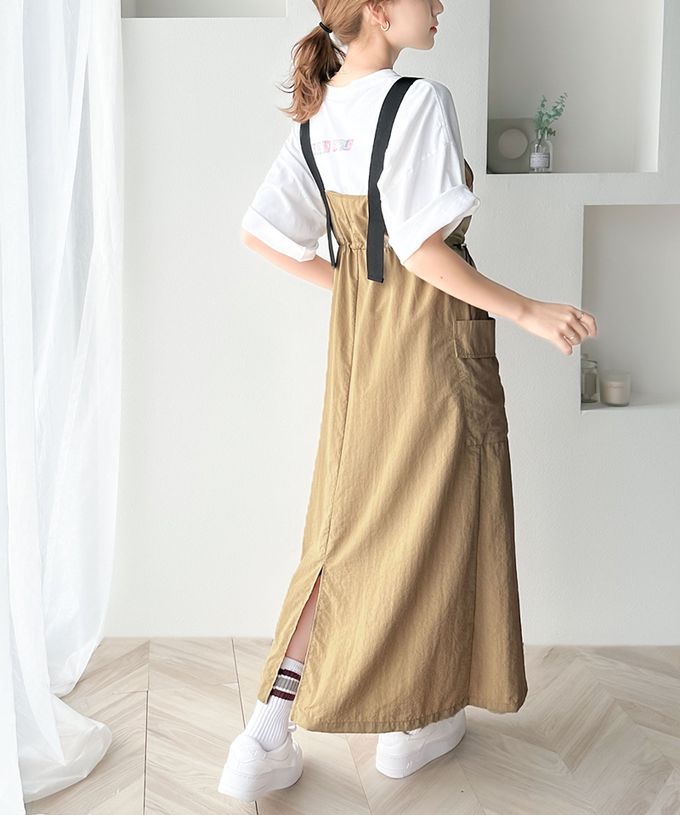 日本 Classical Elf - Java聯名 美式休閒抽繩吊帶裙-軍綠