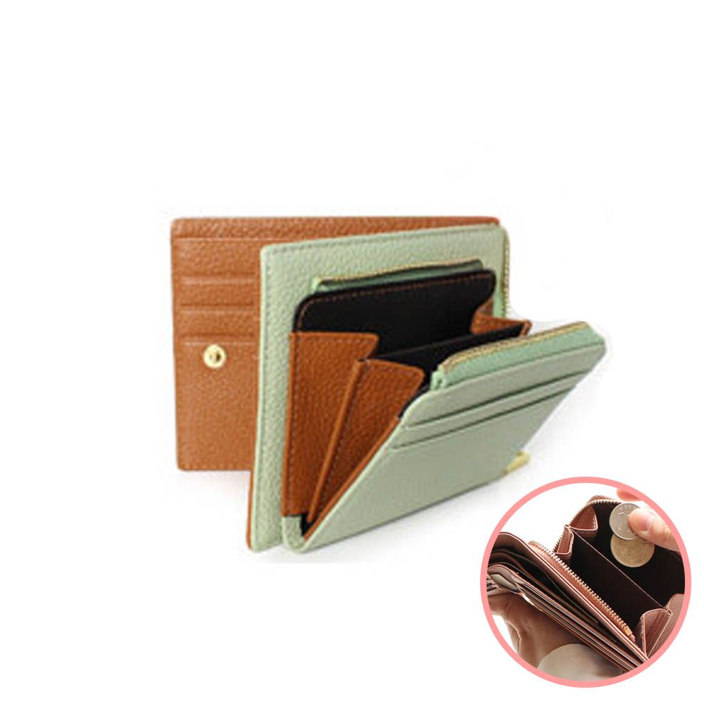 真皮輕薄多功能收納釦式短夾-撞色-果綠x橘棕 (11.5x9.5cm)