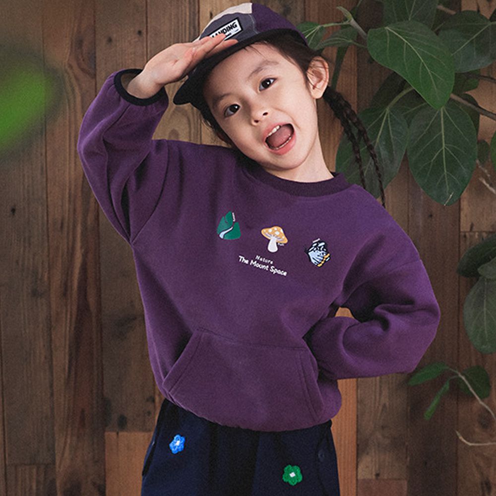 加絨前口袋長袖上衣/大學T-紫色