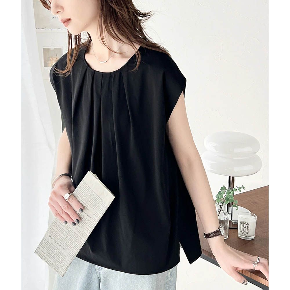接觸涼感 柔美皺摺法式袖上衣-黑