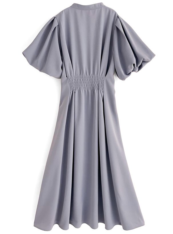 日本 GRL - 小立領收腰修身泡泡袖排扣洋裝-石墨灰