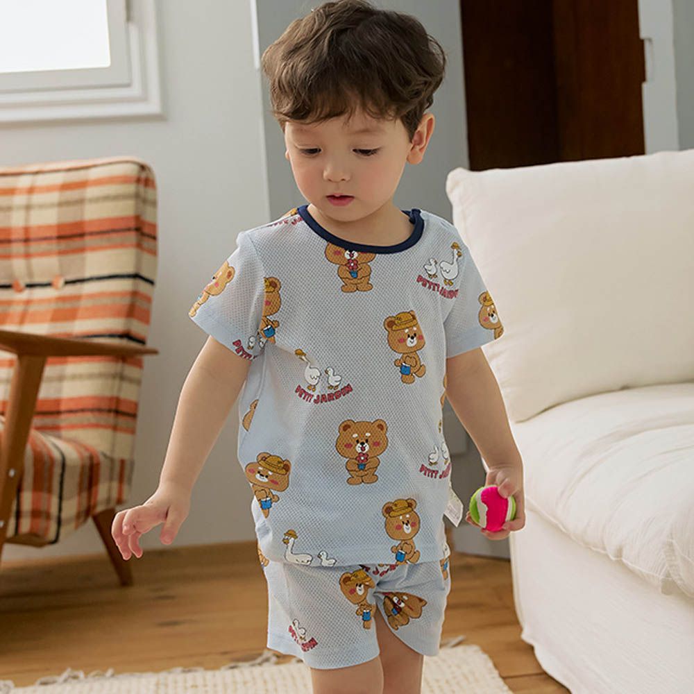 透氣網眼洞洞短袖家居服/睡衣-園丁熊熊-淺藍