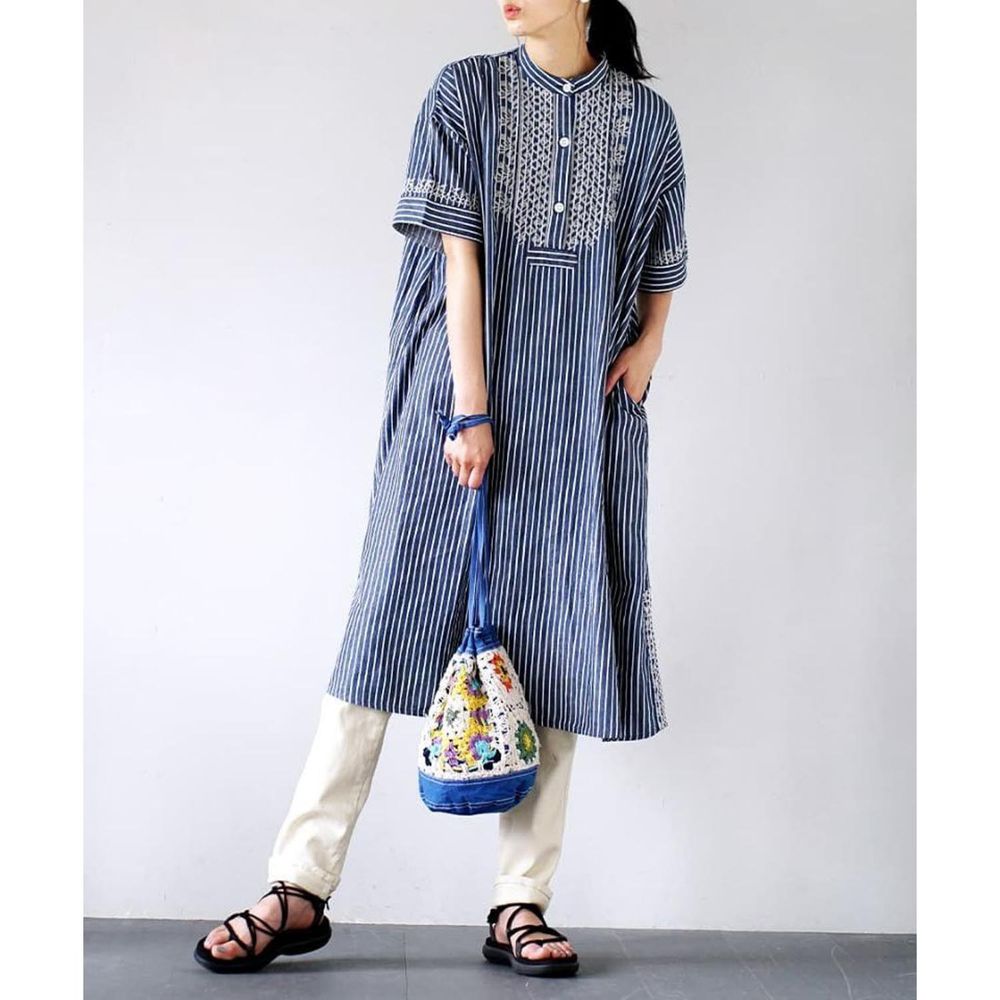 日本 zootie - 精美歐風刺繡條紋長洋裝-寧靜藍