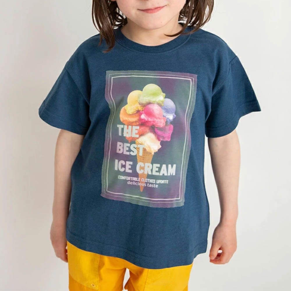 接觸涼感 夏季印花短袖上衣-霓虹冰淇淋-深藍