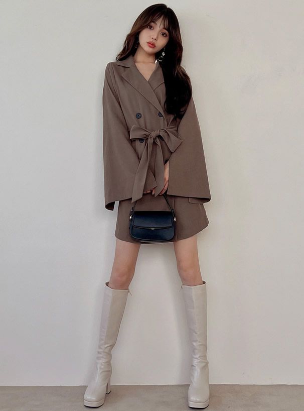 日本 GRL - 英倫風翻領綁帶短版風衣外套-深可可