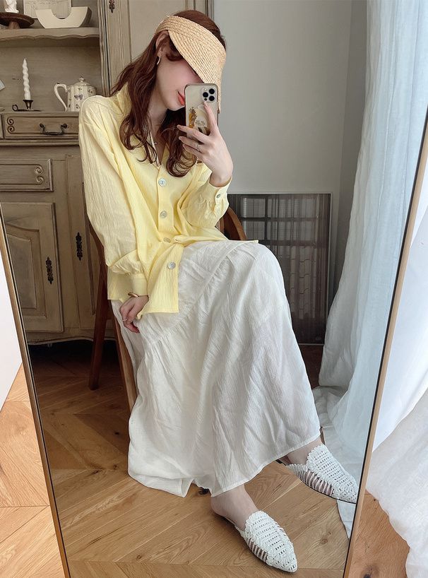 日本 GRL - 100%棉 翻領落肩透氣薄長袖襯衫-深海藍 (F)