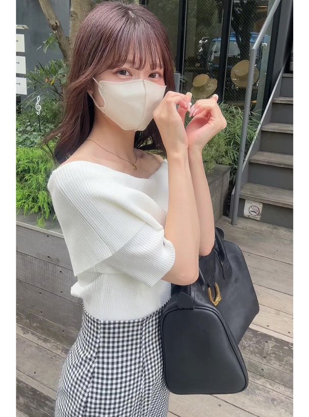 日本 GRL - 一字領羅紋顯瘦短袖上衣-白 (F)