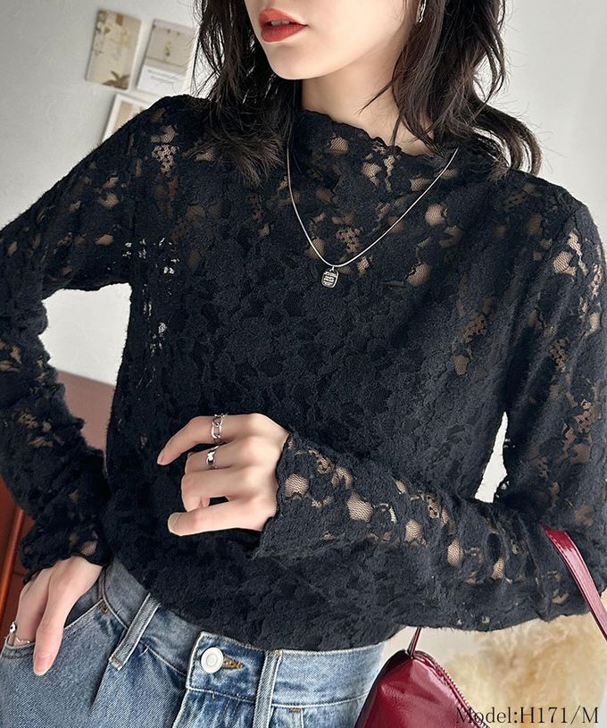 日本 Classical Elf - 夢幻透膚蕾絲小立領長袖上衣(無內裏)-白