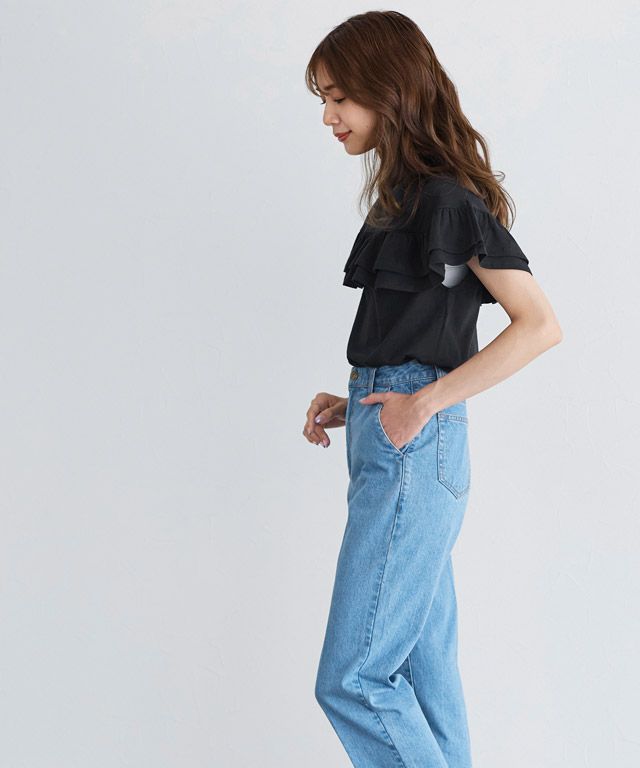 日本 Pierrot - 甜美氣質荷葉滾邊短袖上衣-磚紅橘