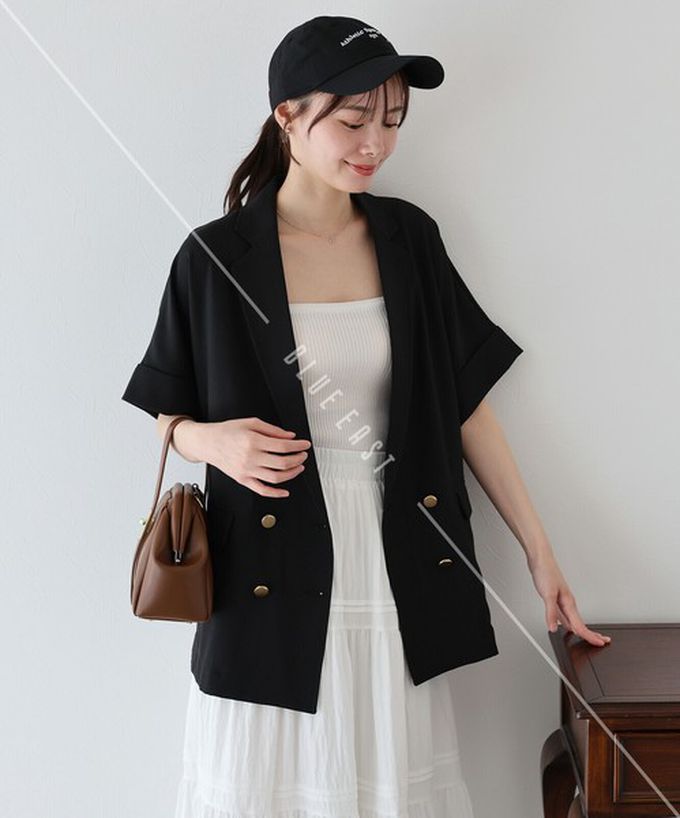 日本 BLUE EAST - 亞麻感氣質金釦短袖西裝外套-象牙白