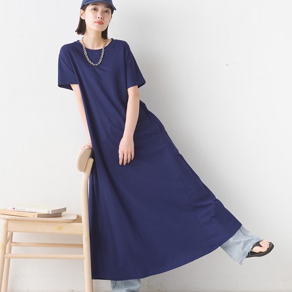日本 OMNES - 接觸涼感 嫘縈定番圓領短袖洋裝-海軍藍