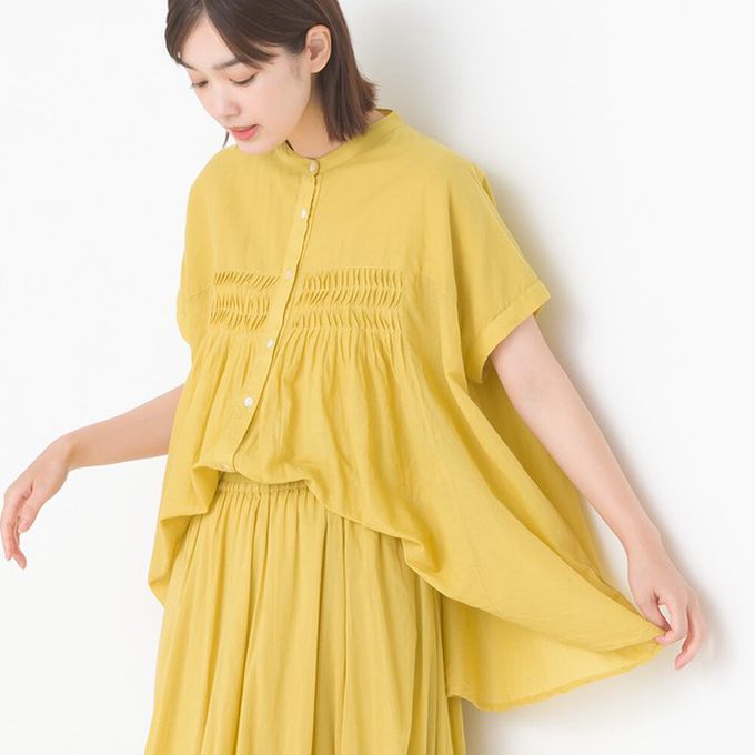 日本 OMNES - 100%印度棉 皺摺傘狀短袖襯衫-寶石藍