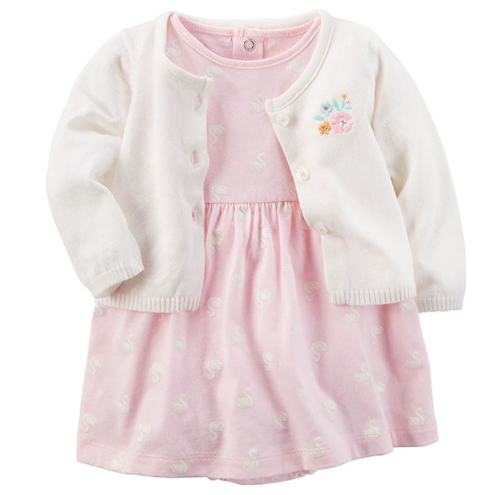 美國 Carter's - 嬰幼兒春夏外套洋裝包屁衣組-粉白天鵝