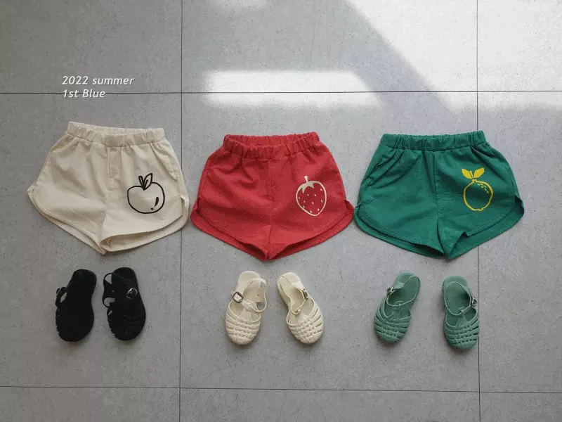 韓國 First Blue - 鬆緊腰夏日水果運動小短褲-米白