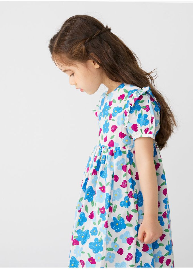 韓國 OZKIZ - 塗鴉花荷葉拼袖連身洋裝-灰藍