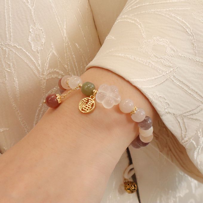 中式氣質天然紫太翠玉髓福氣花朵手鏈 新年過年開運串珠手鍊