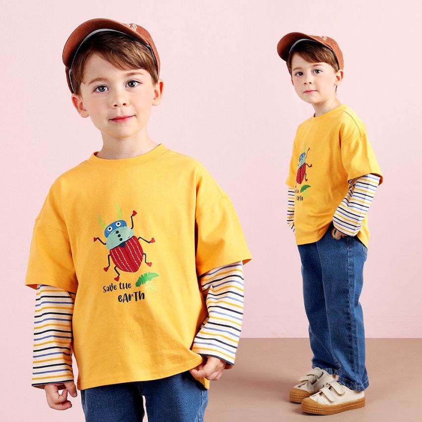 韓國 WALTON kids - 鍬形蟲印花長袖上衣-黃