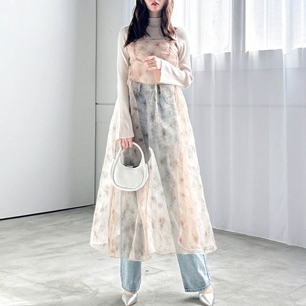 花卉透膚薄紗層次穿搭洋裝-象牙米 (F)