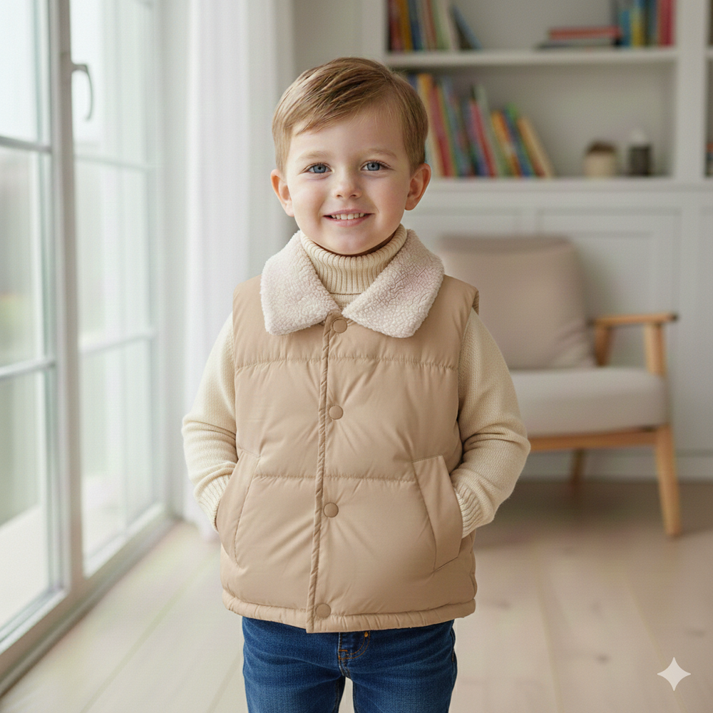 加絨翻領鋪棉暖暖背心-奶咖啡色