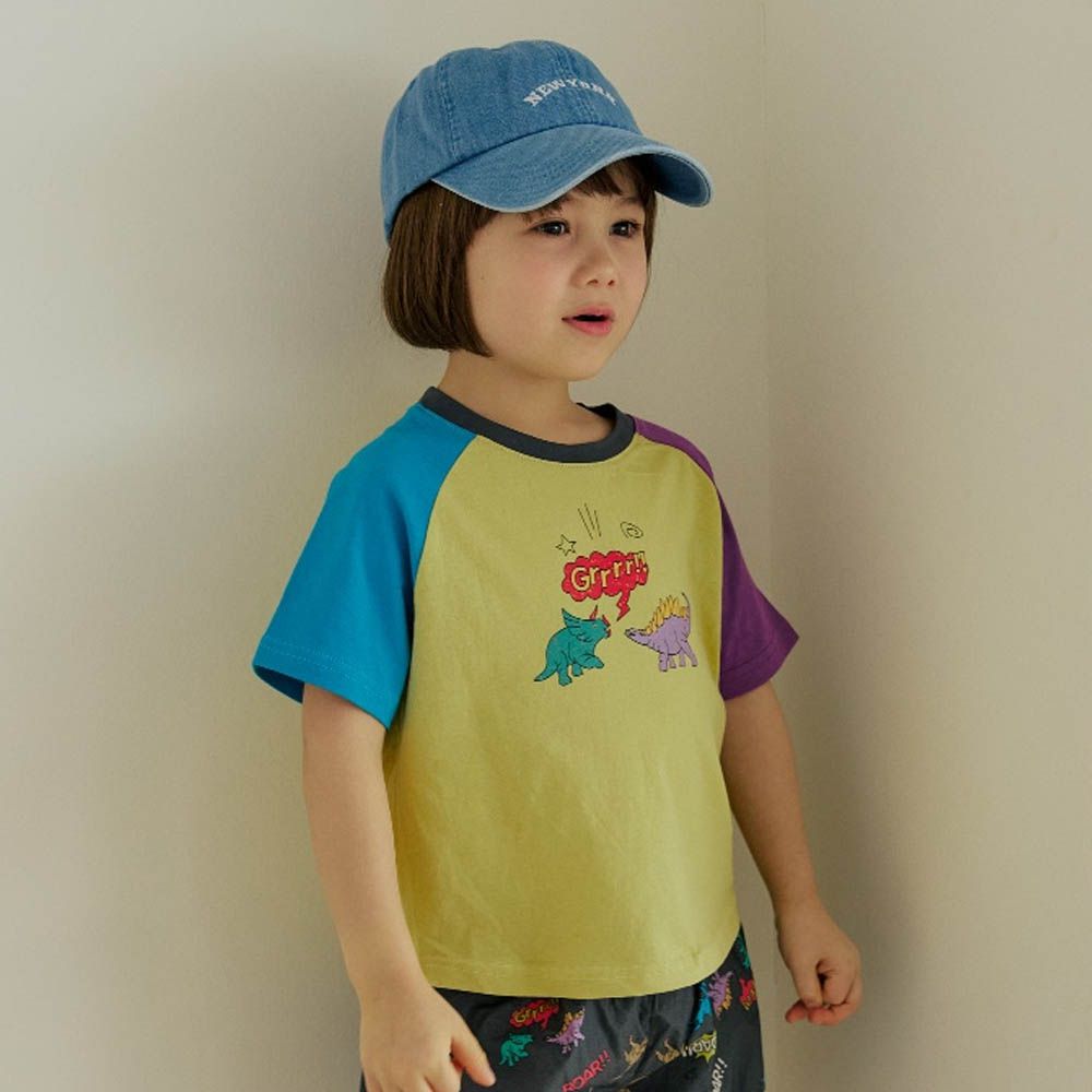 三角龍X劍龍撞色短袖上衣-藍X黃綠X紫