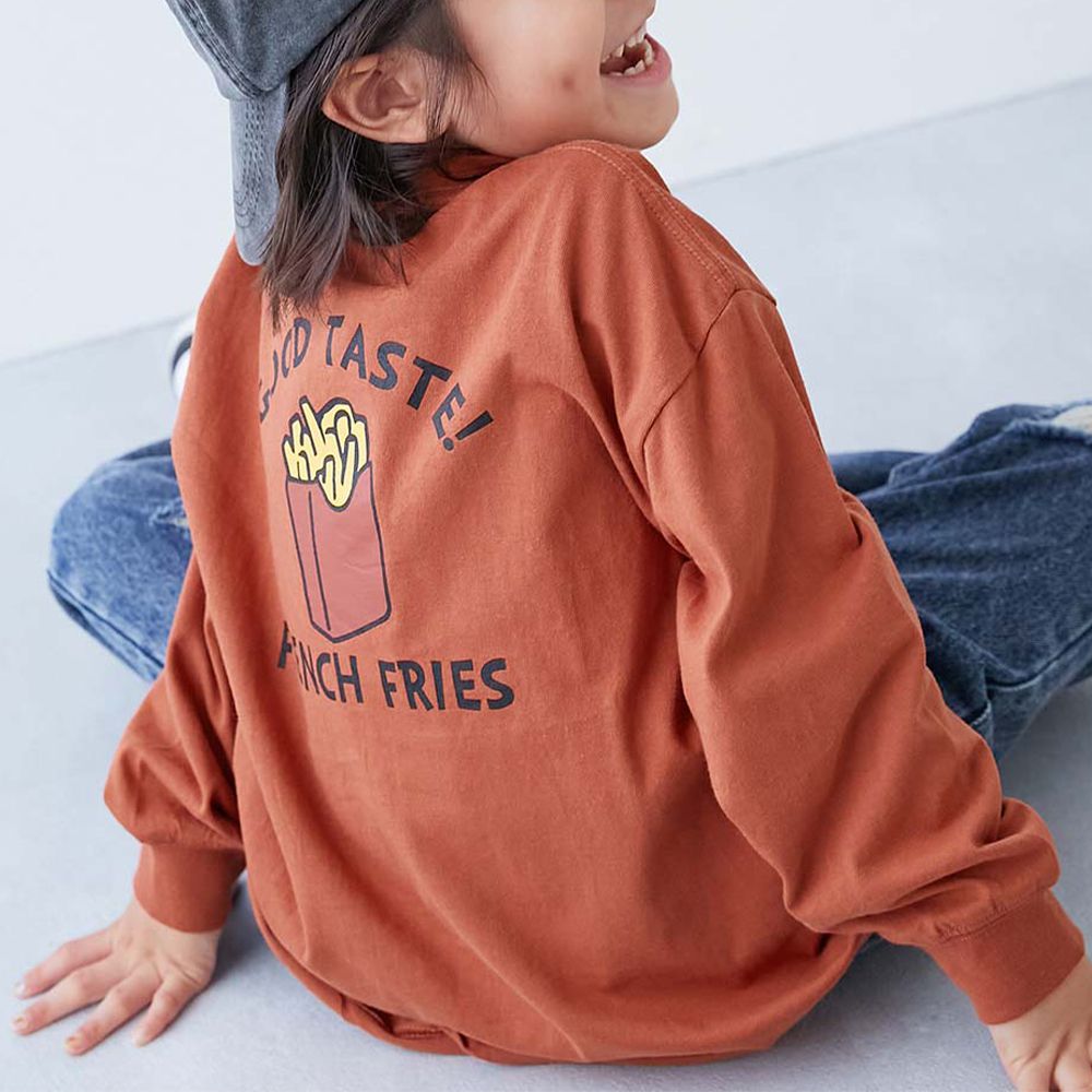 100%棉 寬鬆版型縮口長袖上衣-背後薯條-磚橘