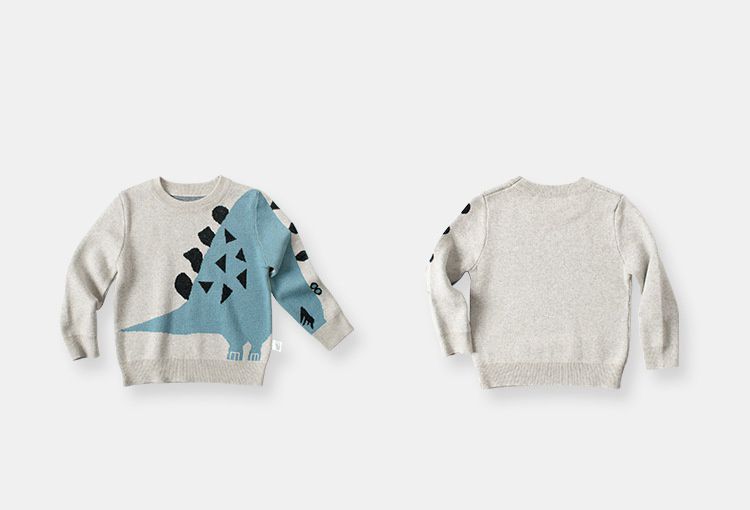 純棉圓領針織長袖上衣-藍恐龍-灰色