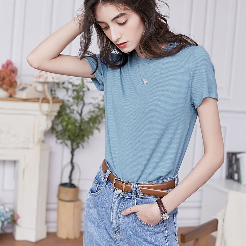 慵懶格調圓領短袖上衣-淺紫色 (M)