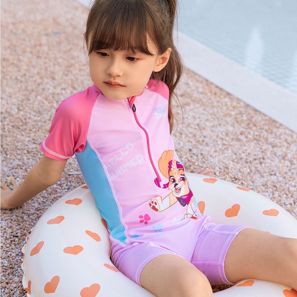 短袖連身泳裝-卡通人物天天-撞色粉