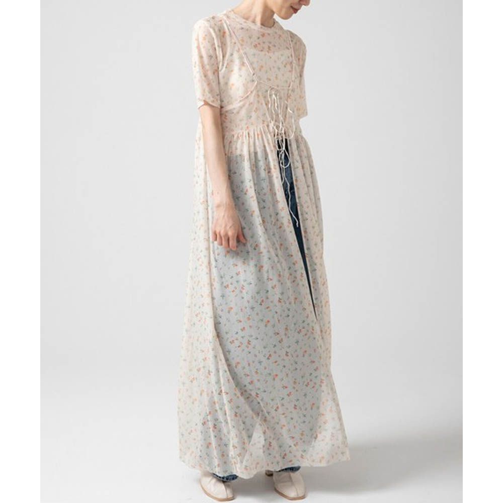 前後2way浪漫小花細肩帶薄紗洋裝-象牙米