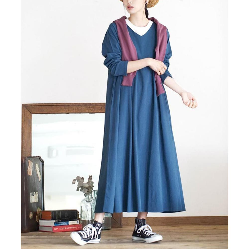 日本 zootie - 抗透汗 純棉修身長袖洋裝-V領-深藍
