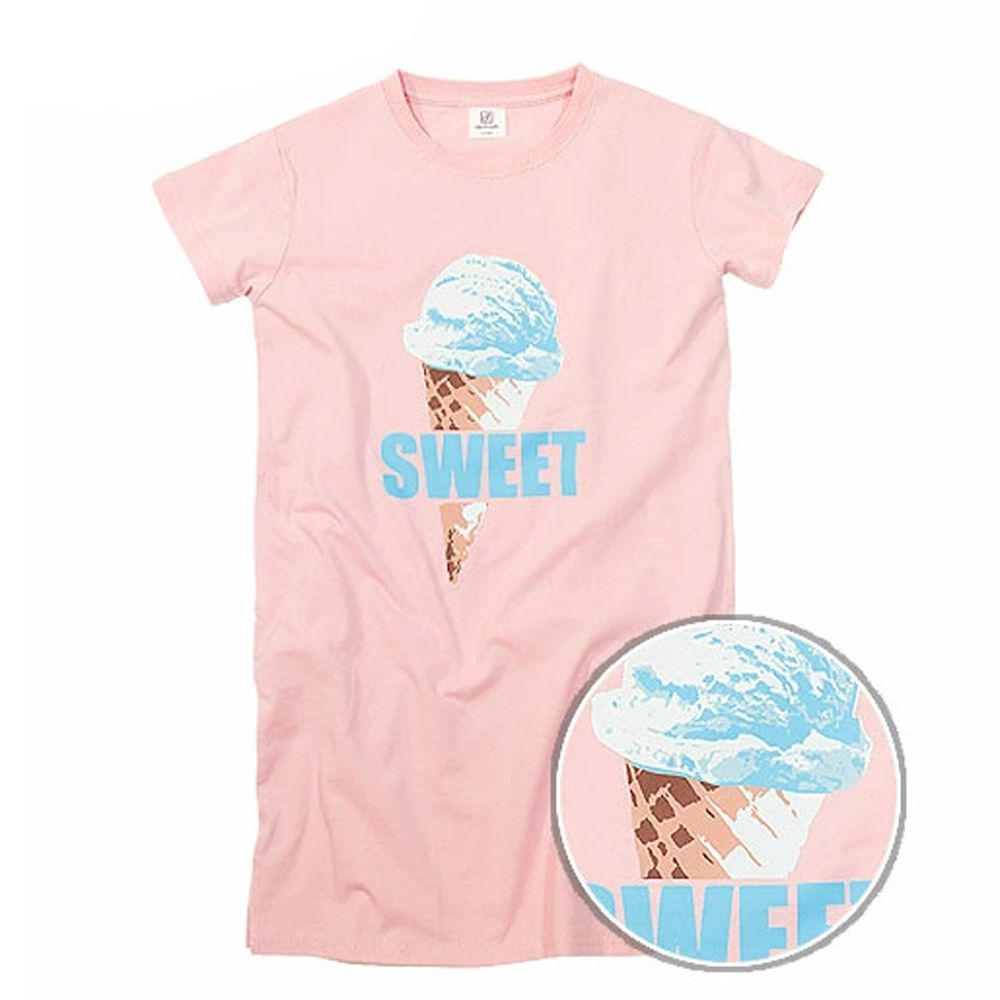日本 devirock - 純棉印花短袖長版洋裝-甜筒冰淇淋-粉