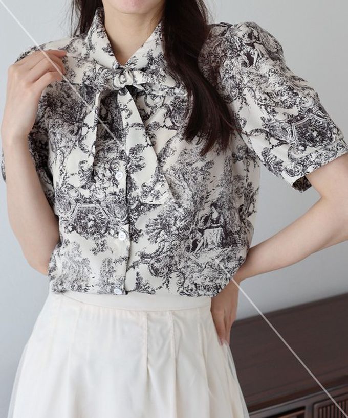 日本 BLUE EAST - 氣質蝴蝶結雪紡小澎袖襯衫-米白